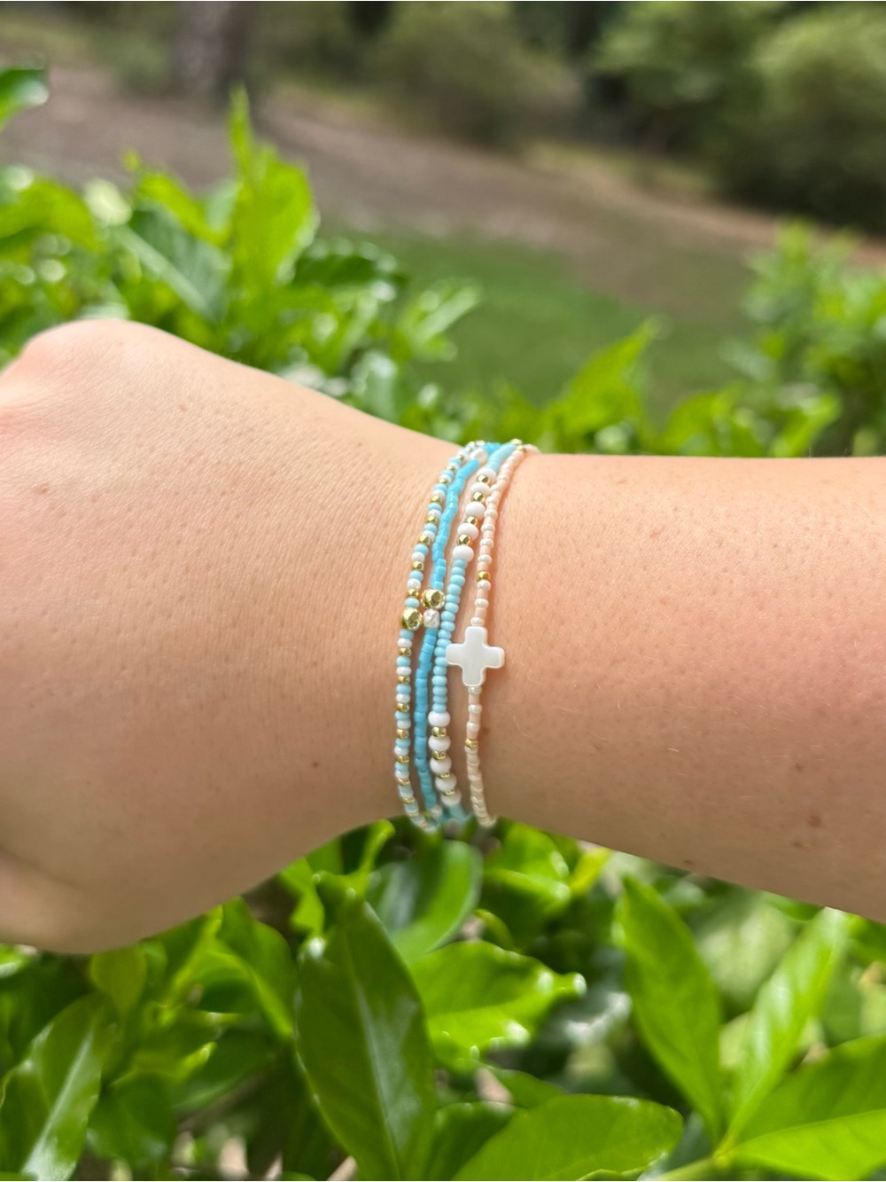 HANDMADE Blue and White Beaded Bracelet with Gold Accents